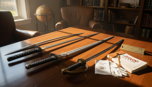Four historical swords on table with papers