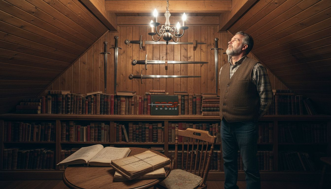 Collector viewing medieval sword display wall