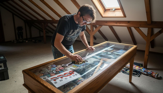 Collector dusting movie replica sword in attic room