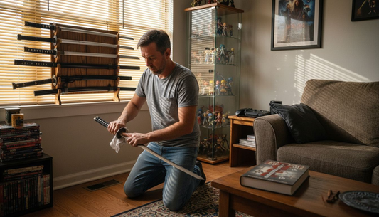 Collector polishing sword at home display