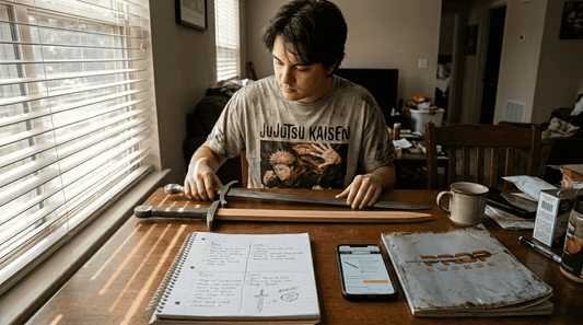 Anime fan comparing sword replicas at desk