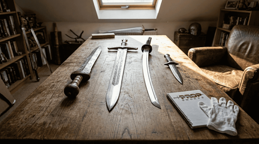 Four replica swords on wooden table, collector notes