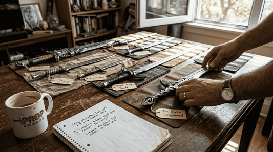 Eight replica movie swords compared on a wooden table