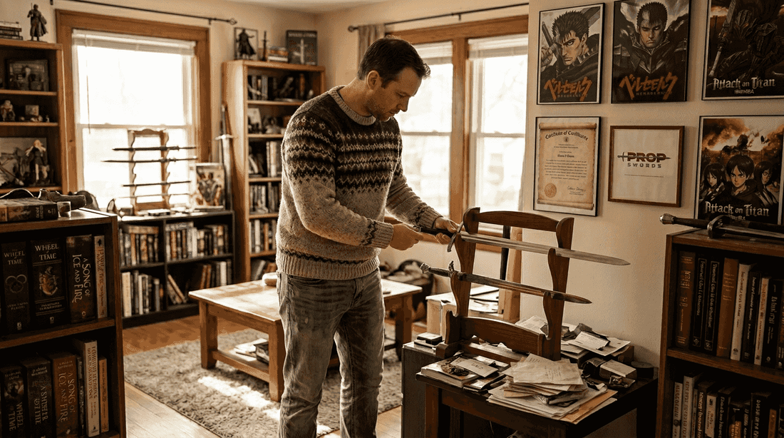 Collector inspecting sword in living room