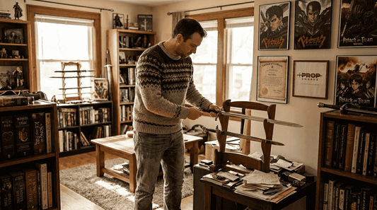 Collector inspecting sword in living room