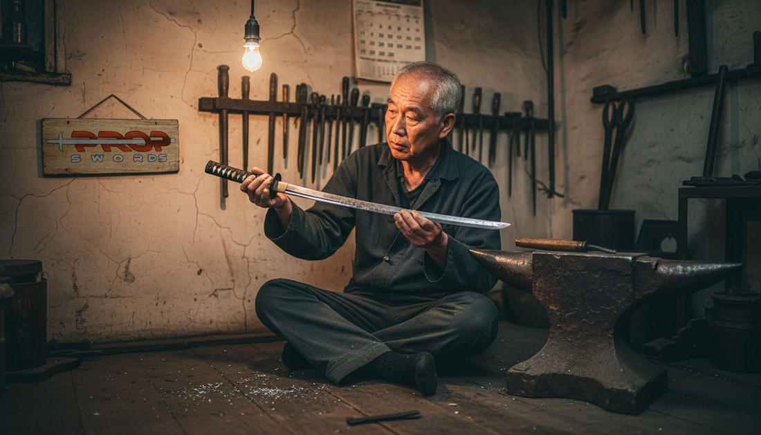 Japanese swordsmith inspecting katana in studio