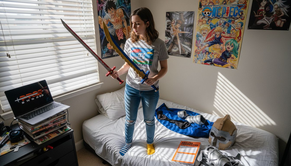 Cosplayer comparing two anime sword replicas