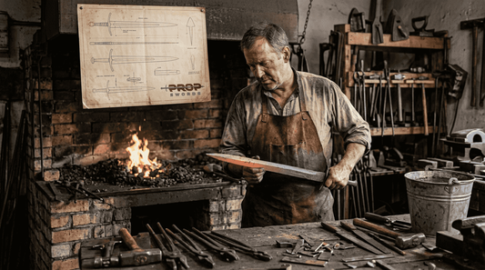 Blacksmith forging sword in authentic workshop