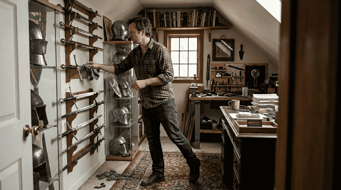 Collector dusting historical replica sword in attic studio