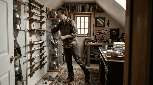 Collector dusting historical replica sword in attic studio