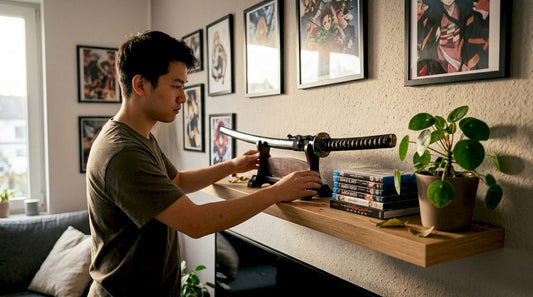 Fan displaying anime sword on shelf
