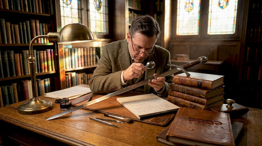 Collector examines medieval sword at desk