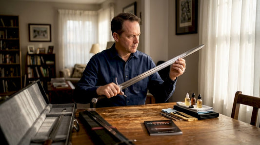 Collector examining sword in living room
