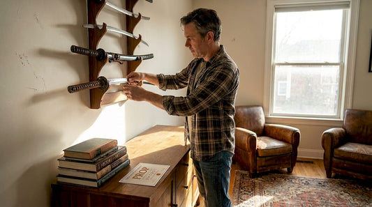 Collector placing sword on wall rack