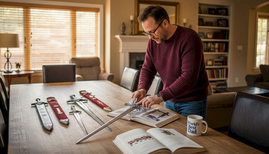 Collector cleaning fantasy swords in home setting