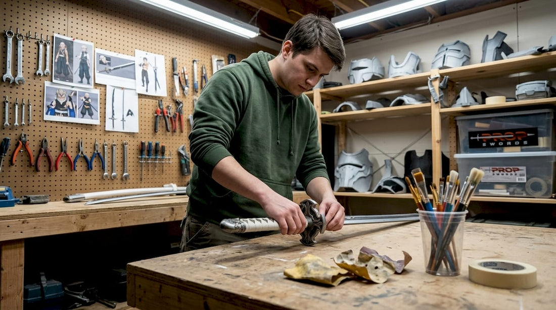 Cosplayer adjusting replica sword in home studio