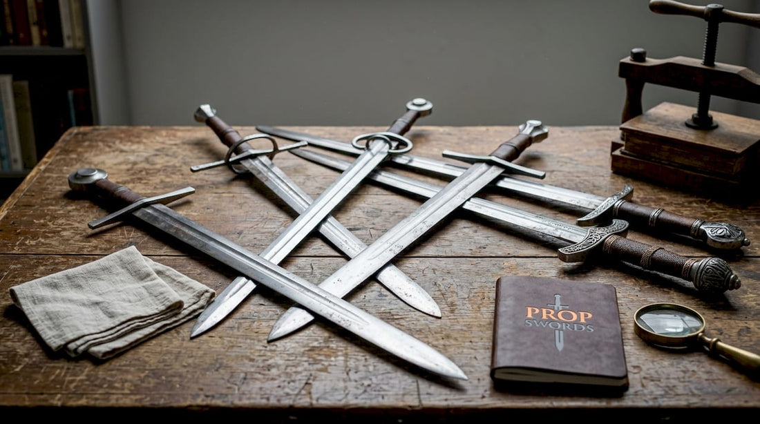 Medieval swords displayed on old wooden table