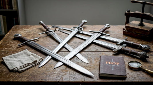 Medieval swords displayed on old wooden table