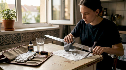 Person cleaning replica sword blade in kitchen