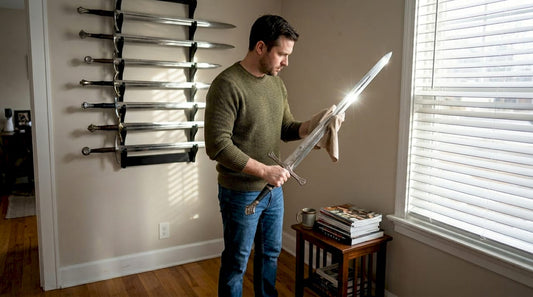 Man dusting sword collection in living room