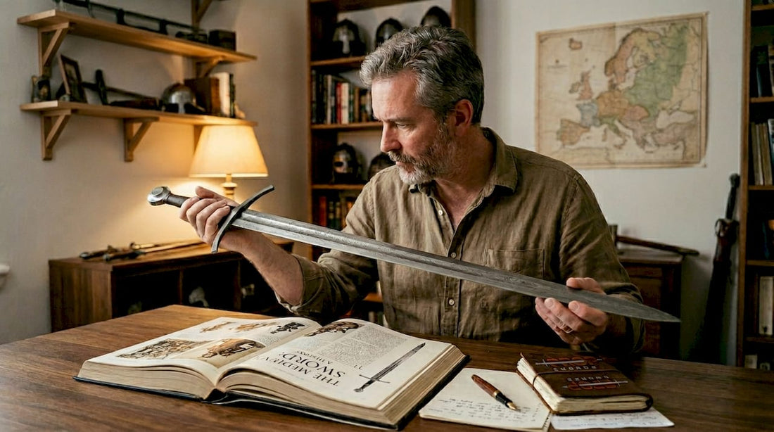 Collector examines medieval sword in home study