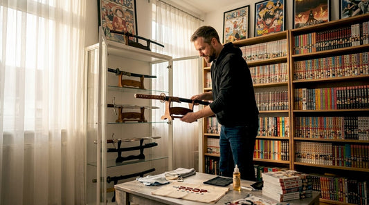 Anime sword collector arranging home display