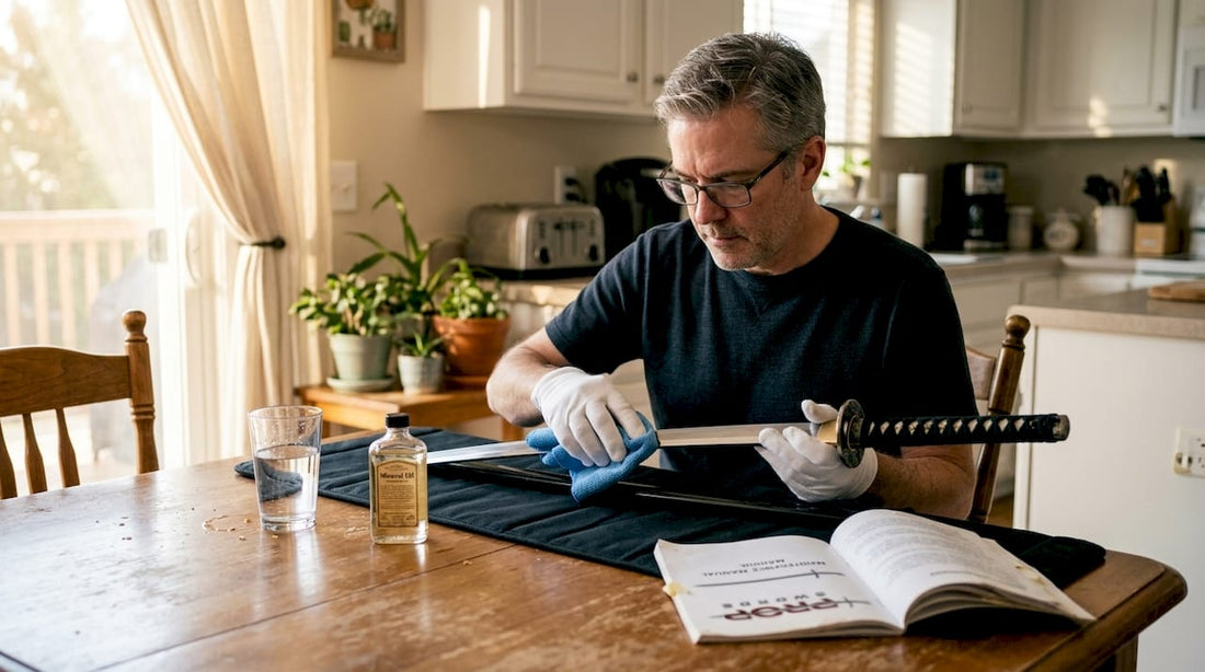 Collector cleaning replica sword on kitchen table