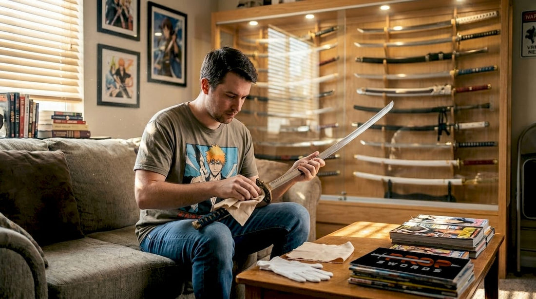 Anime collector cleaning sword in display case