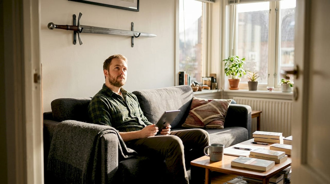 Homeowner relaxing beneath wall-mounted sword replica