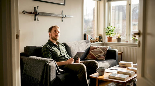 Homeowner relaxing beneath wall-mounted sword replica