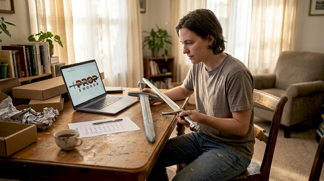 Cosplayer comparing foam and metal swords