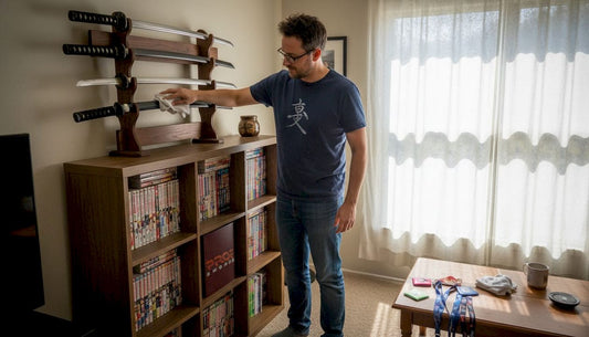 Collector cleaning anime sword in living room