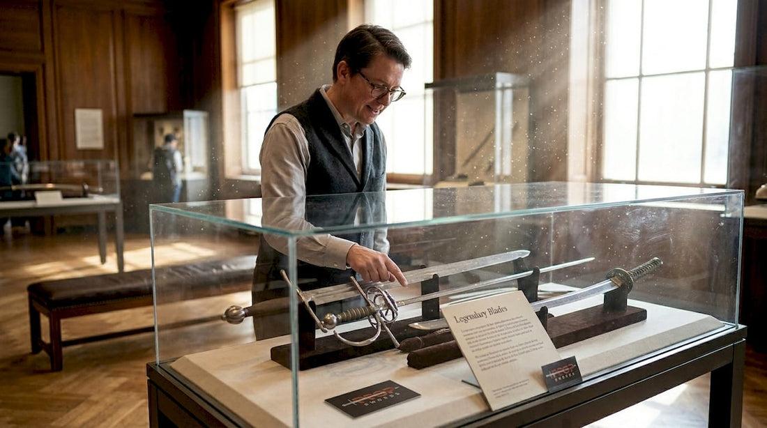 Museum educator presenting historical swords display