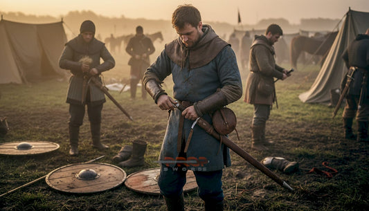 Medieval soldier preparing sword before battle