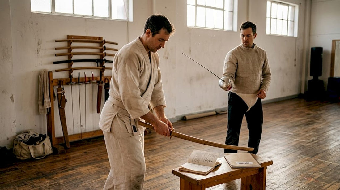 Martial artists practicing with swords in dojo