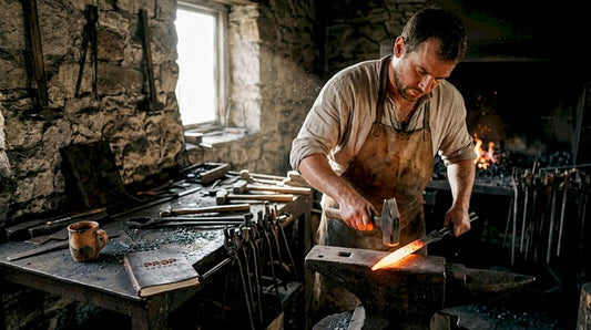 Blacksmith forging sword in medieval workshop