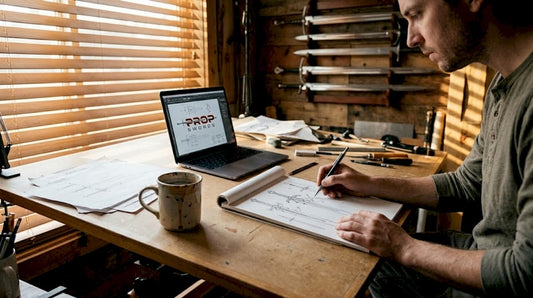 Designer sketching fantasy swords in home workshop