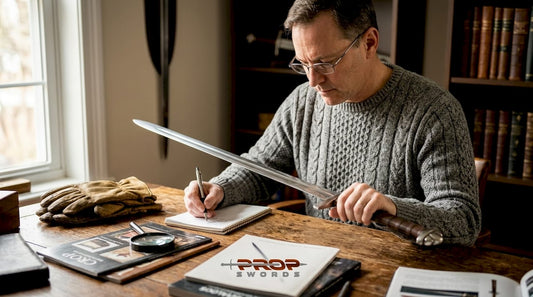 Collector examining Viking sword at desk