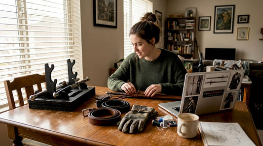 Cosplayer sorting sword accessories at table