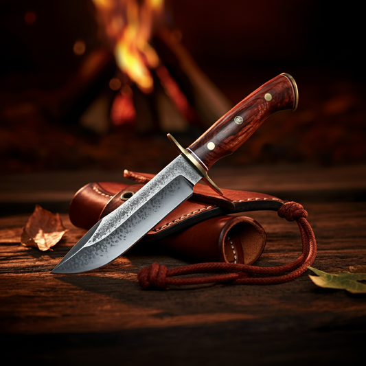 A rustic, handcrafted Bowie knife with a leather sheath on a wooden surface, set against a warm, blurred campfire background, symbolizing adventure and craftsmanship.