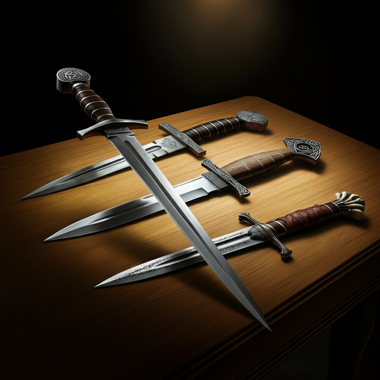 A collection of daggers displayed on a wooden table, featuring a Viking seax, Scottish dirk, rondel dagger, and a fantasy blade with intricate designs.