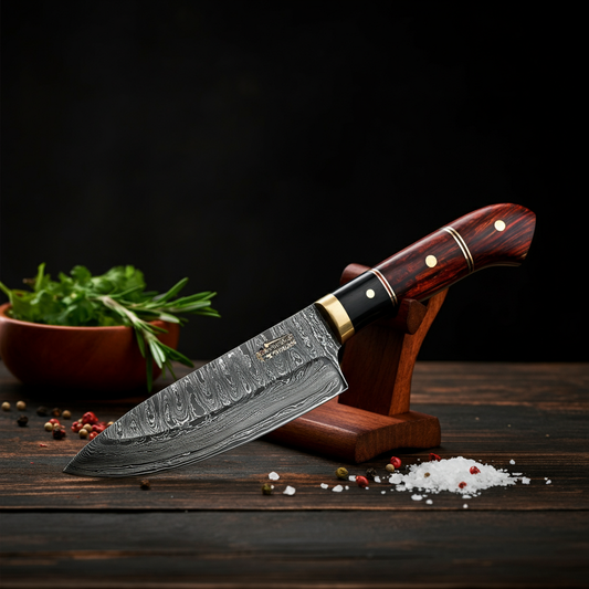 Damascus knife with intricate wavy patterns on the blade, polished wooden handle, placed on a rustic wooden table with herbs and spices.