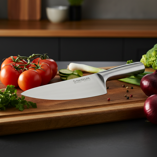 A high-quality stainless steel chef's knife resting on a wooden cutting board next to freshly chopped vegetables, showcasing its sharpness and craftsmanship.