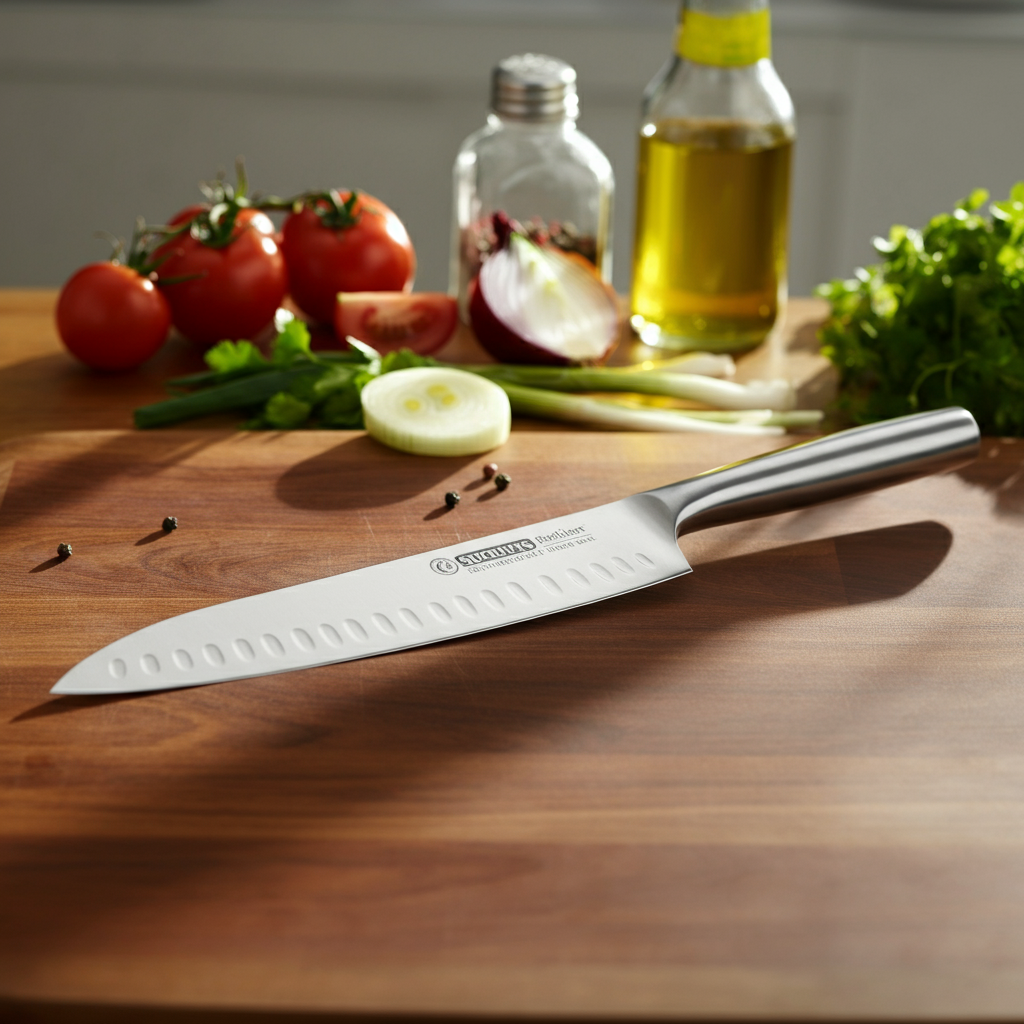 Stainless steel knife on a wooden cutting board surrounded by fresh ingredients like tomatoes, onions, and herbs, highlighting quality and freshness.
