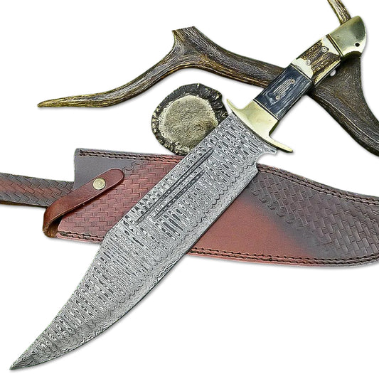 21" Handmade Damascus Steel Bowie Knife With Leather Sheath - propswords