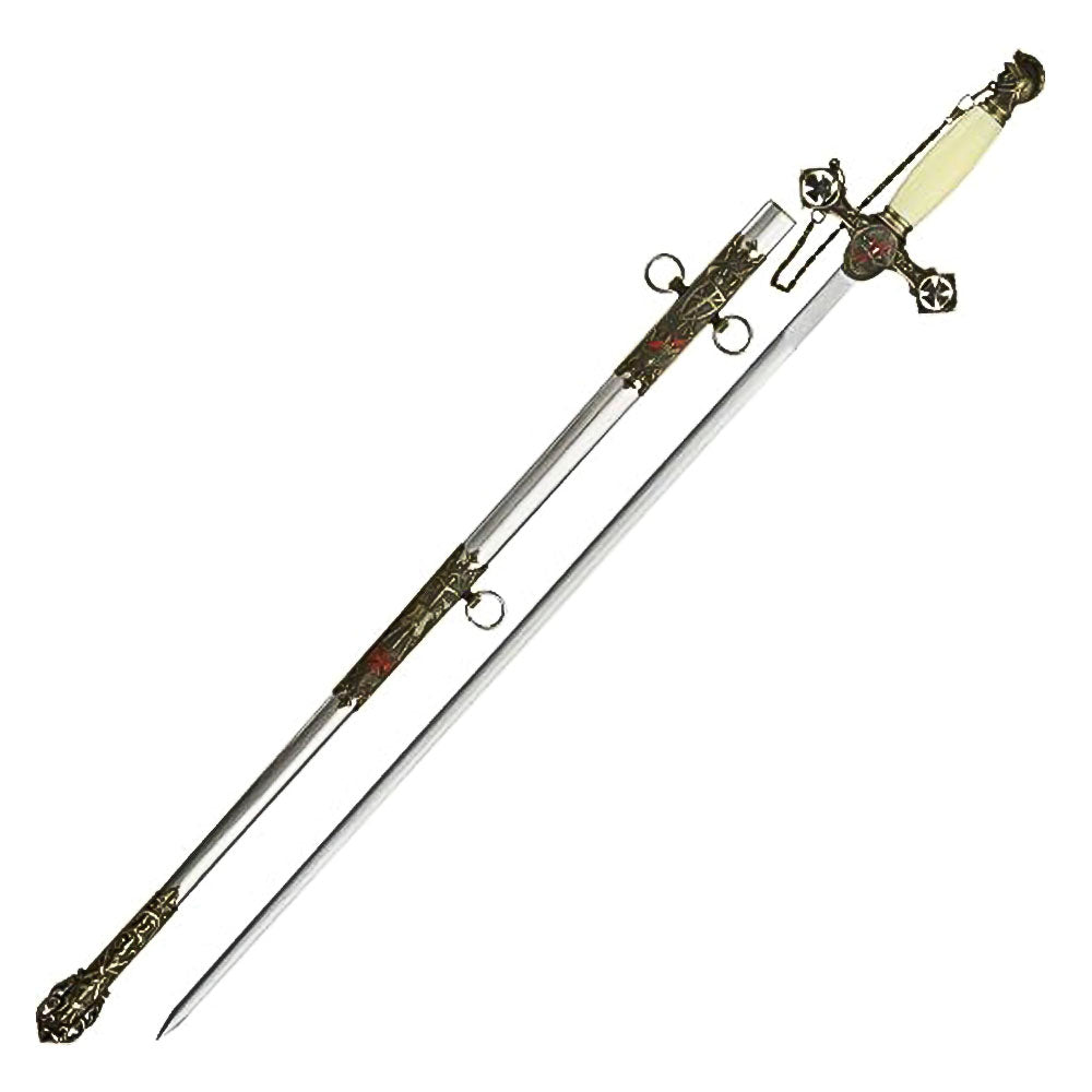37” Masonic Knight of Templar Replica Ceremonial Long Sword with Adorned Scabbard, White - propswords