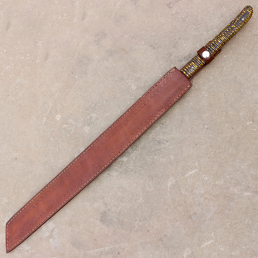 28" Stunning Full Tang Damascus Steel Machete Sword With Leather Sheath-Camping,Hunting,Outdoor - propswords