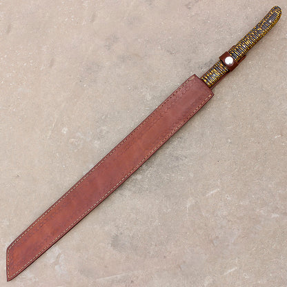 28" Stunning Full Tang Damascus Steel Machete Sword With Leather Sheath-Camping,Hunting,Outdoor - propswords