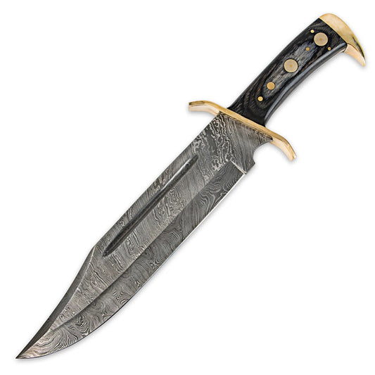 16" Handmade Damascus Steel Bowie Knife Wood Handle With Brass Clip And Sheath - propswords