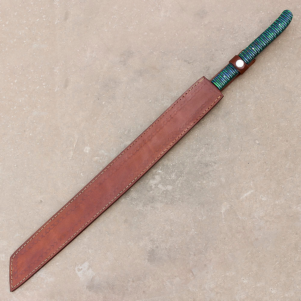 28" Custom Damascus Steel Full Tang Machete Sword Survival Hunting Knife With Leather Sheath - propswords